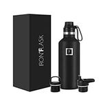 IRON °FLASK Camping & Hiking Hydration Canteens - 3 Lids (Narrow Spout Lid) Leak Proof Vacuum Insulated Stainless Steel - Hot & Cold Double Walled Sports Water Bottle - Midnight Black, 32 Oz