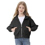 Rolanko Girls Cropped Zip Up Hoodie, Cozy Long Sleeve Hooded Jacket Casual Sweatshirt Tops with Pockets for Teen Kids, Black, 11-12 Years, 160