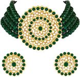 Aheli Pearl Diamond Choker Necklace with Round Earrings for Women Indian Traditional Bollywood Fashion Jewelry Set (Green)