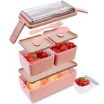 Bugucat Bento Lunch Box 1400ML Stackable Lunch Box Bento Boxes,2 Layer 3 Compartments Leak Proof Lunchbox,Lunch Box with Compartments for Adults Kids,Container Meal Prep Containe with Cutlery,Pink