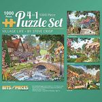 Bits and Pieces Village Life 4-in-1 Multi-Pack Jigsaw Puzzle Set for Adults by Steve Crisp – Summer Village Stream, Country Bus, Pond Cottage, Rural Life (Four 1000 Piece Puzzles)