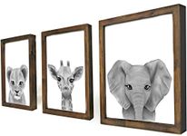 Wood Framed Pencil Drawn Baby Safari Animals |Set of 3-11x14| Rustic Nursery Wall Decor Pictures - Baby Giraffe, Elephant, and Lion Animal Wall Art Set - Artwork for a Safari for Outdoor Themed Gender Neutral Baby Girls or Boys (Walnut Wood Frames, 11x14)