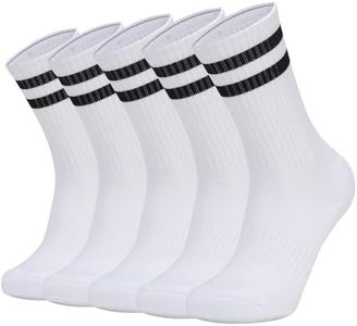 Geebuzz 5 Pairs Mens Socks Cotton Cushioned Sports Socks Striped Crew Athletic Running Socks for Men Women Teens (UK, Alpha, XL, Regular, Regular, White)