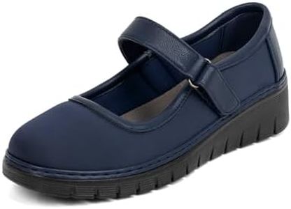 VJH confort Women's Mary Jane Flats,Comfort Round Toe Slip-on Orthotic Low Wedge Walking Shoes(Navy Spandex,10)