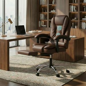 Casa Copenhagen Italia Leatherette Office Chair for Work | Boss Chair, Ergonomic Executive, Luxurious Cushioned Arms & Seat, 2 Point Back Massager, Adjustable Leg Rest, Heavy Duty Metal Base(Brown)