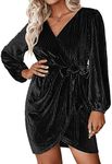 IN'VOLAND Women's Long Sleeve Wrap Semi Formal Velvet Mini Dress Sexy Cocktail Party Winter Prom Dress Black 18W