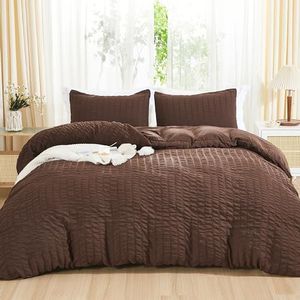 AveLom Brown Duvet Cover Cal King(104 x 98 inches), 3 Pieces (1 Duvet Cover, 2 Pillowcases), Seersucker Striped Soft Washed Microfiber, Textured Duvet Cover Set with Zipper Closure, Corner Ties