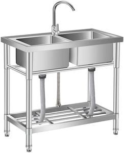 GarveeTech Stainless Steel Utility Sink Free Standing, 33 in Double Bowl Commercial Laundry Sink with Cold and Hot Water Pipe, for Laundry Room Bathroom Farmhouse