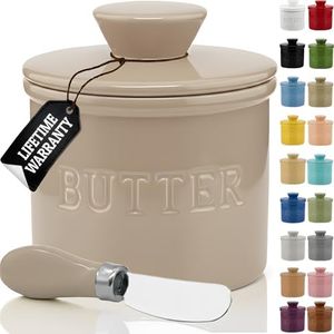 Priority Chef Large Butter Crock with Lid with Water Line, Ceramic French Butter Dish to Leave On Counter, Latte