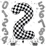 40 Inch 2nd Birthday Number Balloon, Checkered Foil Self Inflating 2 Balloons Decor, Big Black and White Racing Helium Number 2 Balloons for Girls Boys Birthday Race Car Flag Party Decoration Supplies