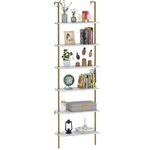 Wolawu Ladder Shelf 6 Tiers Marble White Modern Bookshelf Open Tall Wall Mount Bookcase Standing Leaning Wall Shelves Industrial Decorative Living Room Bed Room