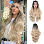 Hymaa Ombre Wigs Long Curly Middle Part Wig 2 Tone Reddish Black Wavy Wigs for Women Synthetic Heat Resistant Cosplay Daily Wigs Natural Looking 26 Inch (Free Wig Cap)