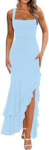 BORIFLORS Women's Elegant Bodycon Ruched Maxi Cocktail Dress Mesh Sleeveless Mermaid Ruffle Beach Wedding Guest Long Dresses, Large, Baby Blue