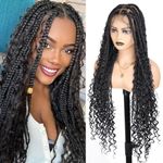 QUISDUIS Boho Braided Wig 36 "360° HD Full Single-layer Lace Braid Wigs for Black Women Square Knotless Box Braid Wig with Baby Hair Handmade Synthetic Hair Blended Lace Front Wig Natural Black