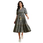 Azira Women's Below The Knee M Floral Printed Cotton Flared Dress Blue