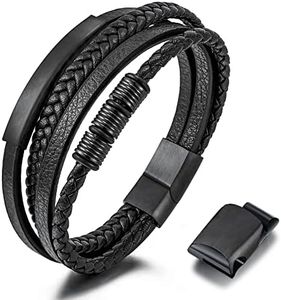 Gkmamrg Pulsera de piel para hombre, Brazalete Hombre correa de cuero auténtico negro trenzado, enrollable ancha con cierre magnético, 22.5centimeters