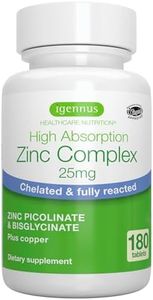 High Absorption Zinc Complex 25mg with Copper, Chelated Zinc Picolinate & Bisglycinate for Immune, Skin and Cellular Health, 180 Tablets, by Igennus