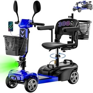 4 Wheel Mobility Scooters for Seniors, Folding Electric Powered Wheelchair, Compact Heavy Duty Mobile for Travel, Adults, Elderly, Long Range Power Extended Battery with Charger and Basket Blue