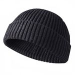 JFAN Trawler Winter Beanie Hat Baseball Cap Roll up Edge Skullcap Fisherman Beanie Unisex Cuffed Short Knit Fisherman Beanie Winter Hats-Black