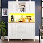 BTM 180cm Tall Kitchen Buffet Sideboard with LED Lights Freestanding Pantry Cabinet with Worktop Larder Cupboard, White