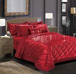 Luxury Bedspread Quilted Bed Throw Super King Size Bedding Set for Bedroom Décor - Soft Warm Crushed Velvet Comforter Set, Red