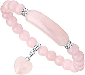 DHZJTSL Pink Rose Quartz Healing Crystal Heart Bracelet for Women, 8mm Beaded Natural Gemstone Valentines Mothers Day Love Heart Jewelry Bracelets for Women Gifts