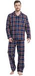 CHUNG Men Cotton Pajamas Set Soft Flannel Plaid Long Sleeve Tops Pants Warm Sleepwear M-XL (Medium, Wine/Navy Plaid)