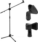 Powerpak MS-1001 3 Leg Boom Dual Microphone Stand with Dual Mic Clip Holders | for Studio Recording, Speech, Stage,Outdoor Activities (Black)