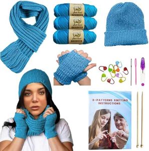 Knitting Kit for Beginners Adults, Learn to Knit Crochet Starter Kit for Scarves, Hats & Gloves Knitting in Blue with Instruction Booklet, Wool Yarn, Knitting Needles, & Stitch Markers (Acid Blue)