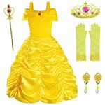 Princess Costume For Girls Birthday Party Fancy Dress Up with Accessories(Crown+Wand+Earrings+Gloves) 6-7 Years