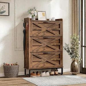DWVO Shoe Cabinet with 3 Flip Drawers for 24 Pairs, Farmhouse Shoe Organizer for Entryway, Narrow Slim Shoe Rack Cabinet for Living Room, Hallway (Rustic Brown)