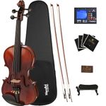 Mendini 4/4 MV500 Ebony Fitted Flamed One-Piece Solid Wood Violin with Hard Case, Shoulder Rest, 2-Bows, Rosin, Extra Bridge and Strings (Full Size)