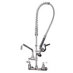 Heavy Duty Commercial Kitchen Wall-Mount Tap POUGEO Pre-Rinse Double Handles Sink Faucet with 12" Add-on Swivel Spout and Pull Down Spray Head,Brass Constructed Polished Chrome