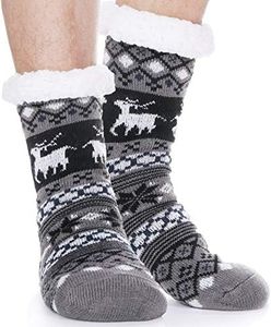 EBMORE Mens Slipper Fuzzy Socks Fluffy Winter Cabin Cozy Warm Soft Fleece Thick Comfy Christmas Gift Stocking Stuffers with Grips(Dark Grey Deer)
