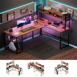 Flamaker L Shaped Gaming Desk with LED Lights & Power Strips, 120x160cm Reversible Corner Computer Desk with Storage Shelf and Hutch, Home Office Desk, Rustic Brown