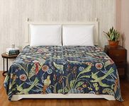 Handicraft-Palace Bird Floral Printed Quilt Bedding Bedspread Cotton Double Bed Throw Coverlet Blanket (Blue)