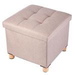 BRIAN & DANY Folding Ottoman Storage Box with Wood Legs, Linen Foot Stool, Footstool with Storage, Highly Elastic Sponge Filling, Beige, 38 x 38 x 38 cm