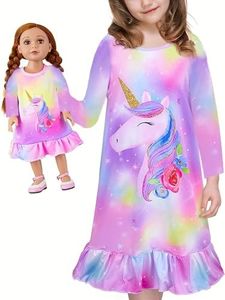Bow Dream Toddler Girls Cartoon Dress and Matching American Girl Doll Clothes for Girls Pink Yellow, Pink Yellow, 4-5 Years
