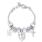 Charm Bracelet for women, with Crystal and heart shape Glass Beads sliver CZ Cross Snake Chain Bracelet, Trendy Charm Bracelet Jewelry Gifts for Women Girls, 7.5 inches, kirsite, Cubic Zirconia