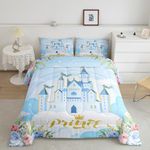 Princess Full Bedding Sets for Girls,Blue Castle Dreamy Comforter Set Kids Bedroom Decor,Flowers Garden Princess Bed Set,Fairy Tale Theme Duvet Insert Cute Blanket,Gifts for Girls Age 6-8