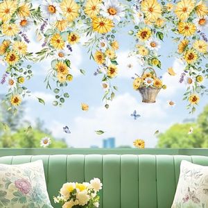 Whaline 9 Sheets Spring Summer Daisy Floral Window Cling Hanging Yellow White Flower Vine Glass Decals Sunflower Eucalyptus Reusable Window Decoration for Party Home Office Classroom