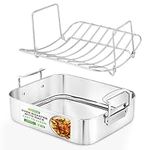 Roasting Pan with Polished Rack, Wide Handle, and Stainless Steel Lid, Turkey Chicken Roasting Pan Great for Thanksgiving Dinners, Tender Roast, Deep Dishes, and More