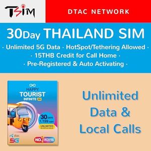 TSIM Thailand Sim Card 30 Days with Unlimited Data | DTAC 5G Network | Local Calls/Call Home | Hotspot Tethering Allowed | Auto Activated Sim