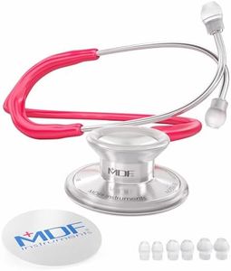 MDF Instruments, Acoustica Leichtes Stethoskop für Ärzte, Krankenschwestern, Studenten, häusliche Pflege, Erwachsene, Doppelkopf, Himbeererot Schlauch, silbern Bruststück-Headset, MDF747XP23