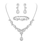 Ever Faith Women's CZ Wedding Y Shape Flower Teardrop Necklace Earrings Bracelet Set Clear Silver-Tone