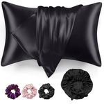 Satin Bonnet for Curly Hair with Silk Satin Pillow Covers and Scrunchies | Silk Bonnet for Hair|Best Gift Combo of Pack of 2 Satin Pillowcases with 3 Silk Scrunchies HairCap (Black)