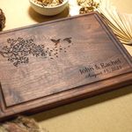 Walnut Artisan Personalized Cutting Boards, Custom Wedding, Anniversary or Housewarming Gift Idea, Wood Engraved Charcuterie Board for Couples and Newlyweds, Love Birds on a Tree Design 025