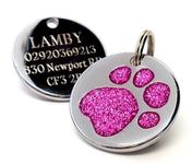 County Engraving Engraved 25mm Glitter Paw Print Dog Pet ID Tag Disc. (Pink)