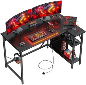 DOMSHOCT 120 * 70cm L Shaped Gaming Desk with Power Outlets, Small Corner Computer Table with Large Reversible Storage Shelves, Home Office PC Workstation with Hooks for Writing Study, Black
