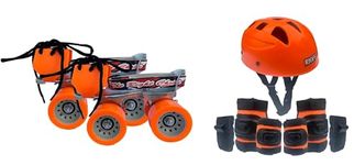 Rioff® Roller Skates Combo (Skates + Helmet + Gloves + Knee Guards & Elbow Guards) - for Age 6 to 9 Years | Academy & School Level Skating (Orange)